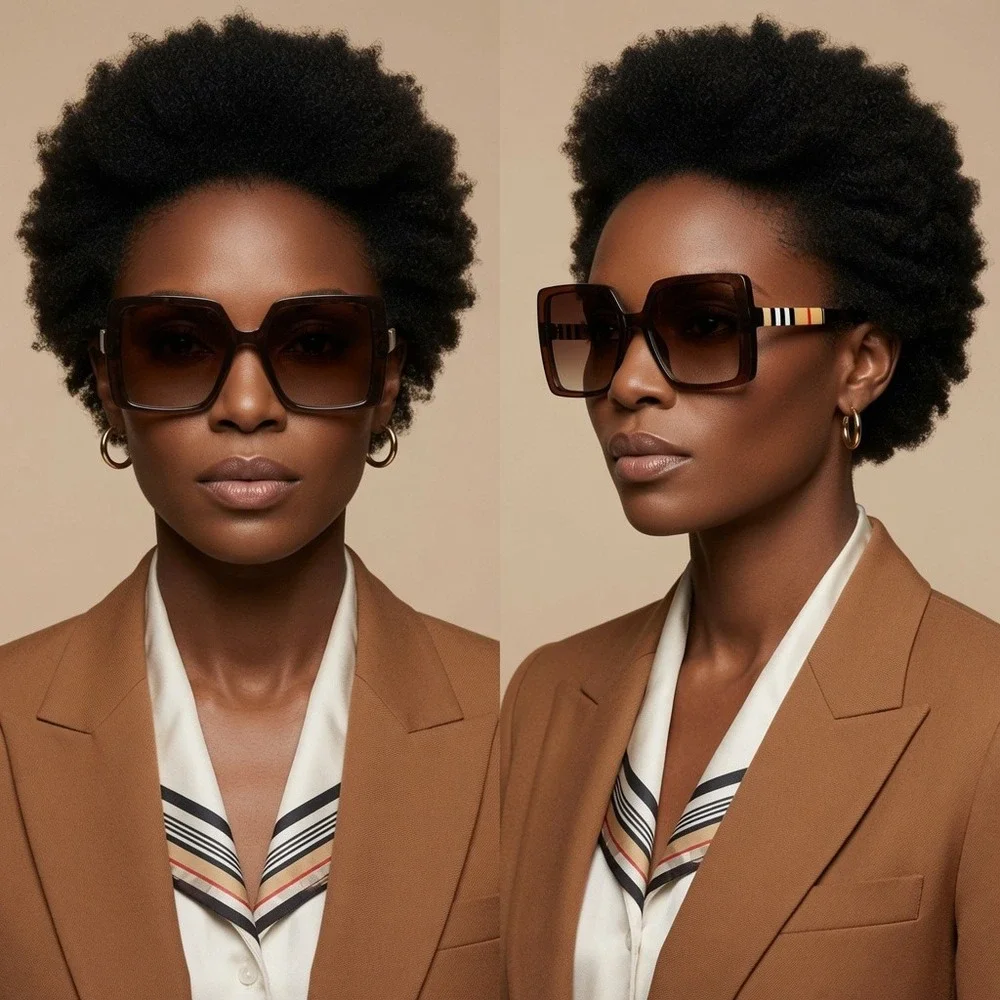 Womens Oversized‎ Square Sunglasses Brown Striped Temple Gradient Lens Fashion
